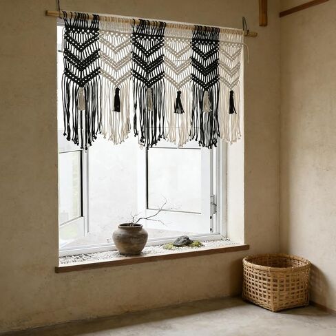 Macrame Valance Curtain for Kichen Windows 36.6x24.8Inch Farmhouse Boho Curtains Bedroom Window Tassels Black White Valance Treatments for Livingroom Kitchen Bathroom Wall Decor in Saudi Arabia