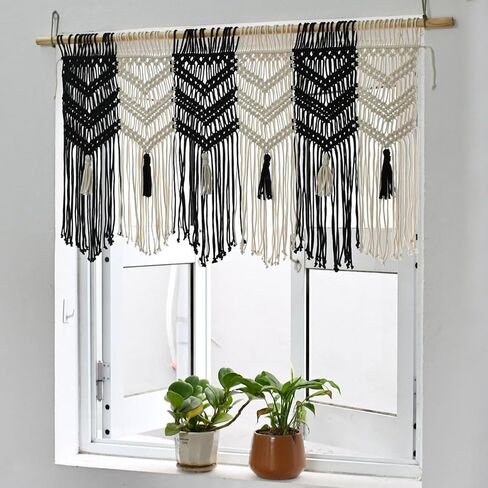 Macrame Valance Curtain for Kichen Windows 36.6x24.8Inch Farmhouse Boho Curtains Bedroom Window Tassels Black White Valance Treatments for Livingroom Kitchen Bathroom Wall Decor in Saudi Arabia
