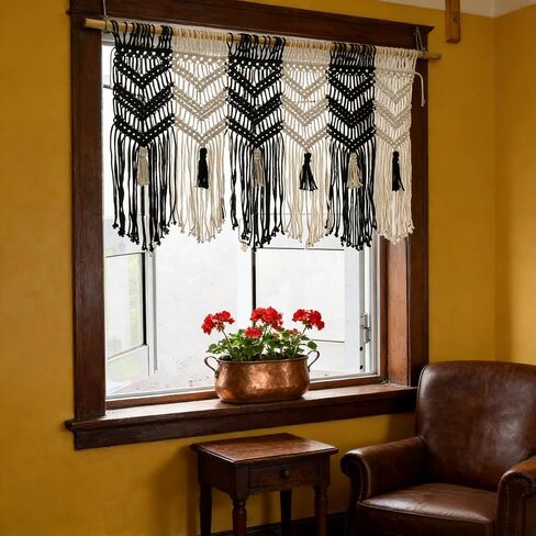 Macrame Valance Curtain for Kichen Windows 36.6x24.8Inch Farmhouse Boho Curtains Bedroom Window Tassels Black White Valance Treatments for Livingroom Kitchen Bathroom Wall Decor in Saudi Arabia