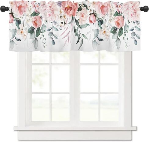 Spring Summer Floral Leaf Curtains Valances for Kitchen Windows 54x18 Inch Eucalytpus Leaves Flowers Rod Pocket Valance Window Treatments Herbs Curtain for Living Room Bathroom Decor in Saudi Arabia