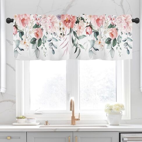 Spring Summer Floral Leaf Curtains Valances for Kitchen Windows 54x18 Inch Eucalytpus Leaves Flowers Rod Pocket Valance Window Treatments Herbs Curtain for Living Room Bathroom Decor in Saudi Arabia