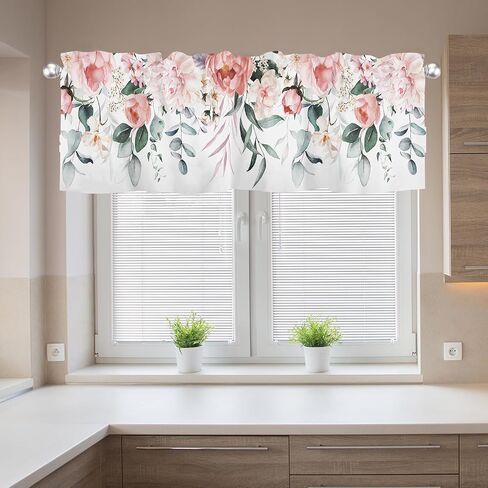Spring Summer Floral Leaf Curtains Valances for Kitchen Windows 54x18 Inch Eucalytpus Leaves Flowers Rod Pocket Valance Window Treatments Herbs Curtain for Living Room Bathroom Decor in Saudi Arabia