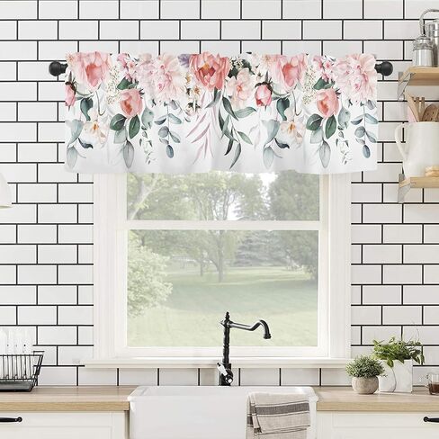 Spring Summer Floral Leaf Curtains Valances for Kitchen Windows 54x18 Inch Eucalytpus Leaves Flowers Rod Pocket Valance Window Treatments Herbs Curtain for Living Room Bathroom Decor in Saudi Arabia