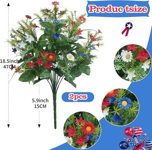 Patriotic Artificial Flowers 13 Stems Red White Blue Flowers 4th of July Flowers Picks Artificial Daisies Bouquet Arrangement for Grave Independence Day Veterans Home USA 250th Anniversary Decor 2 Pcs in Saudi Arabia