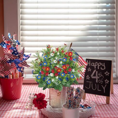 Patriotic Artificial Flowers 13 Stems Red White Blue Flowers 4th of July Flowers Picks Artificial Daisies Bouquet Arrangement for Grave Independence Day Veterans Home USA 250th Anniversary Decor 2 Pcs in Saudi Arabia