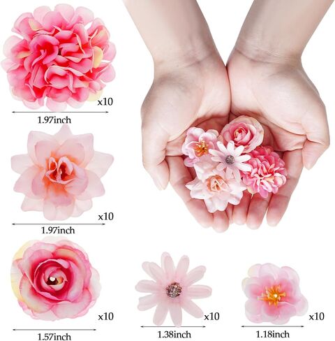 phnydreg 50pcs Faux Artificial Flower Heads Small Flower Heads for Birthday Wedding Baby Shower Cake Decoration DIY Craft(Pink) in Saudi Arabia