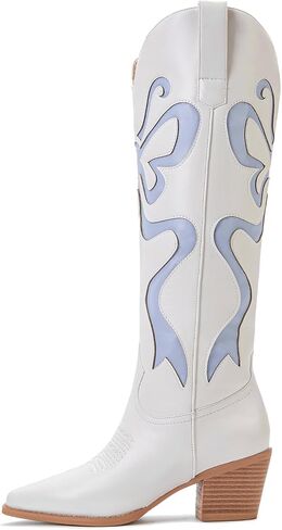Cowboy Boots for Women Knee High Cowgirl Boots with Classic Embroidered Pointed Toe Chunky Heel Fashion Retro Pull On Tall Boot for ladies Party Concert in Saudi Arabia
