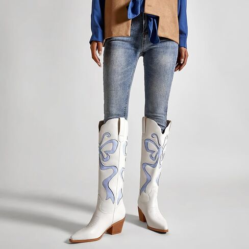 Cowboy Boots for Women Knee High Cowgirl Boots with Classic Embroidered Pointed Toe Chunky Heel Fashion Retro Pull On Tall Boot for ladies Party Concert in Saudi Arabia
