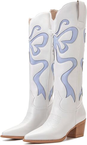 Cowboy Boots for Women Knee High Cowgirl Boots with Classic Embroidered Pointed Toe Chunky Heel Fashion Retro Pull On Tall Boot for ladies Party Concert in Saudi Arabia