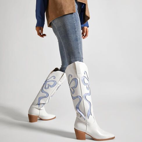 Cowboy Boots for Women Knee High Cowgirl Boots with Classic Embroidered Pointed Toe Chunky Heel Fashion Retro Pull On Tall Boot for ladies Party Concert in Saudi Arabia
