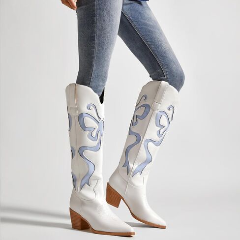 Cowboy Boots for Women Knee High Cowgirl Boots with Classic Embroidered Pointed Toe Chunky Heel Fashion Retro Pull On Tall Boot for ladies Party Concert in Saudi Arabia