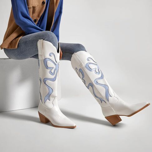 Cowboy Boots for Women Knee High Cowgirl Boots with Classic Embroidered Pointed Toe Chunky Heel Fashion Retro Pull On Tall Boot for ladies Party Concert in Saudi Arabia