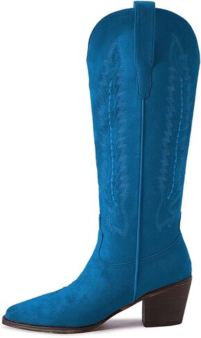 Cowboy Boots for Women Knee High Cowgirl Boots with Classic Embroidered Pointed Toe Chunky Heel Fashion Retro Pull On Tall Boot for ladies Party Concert in Saudi Arabia