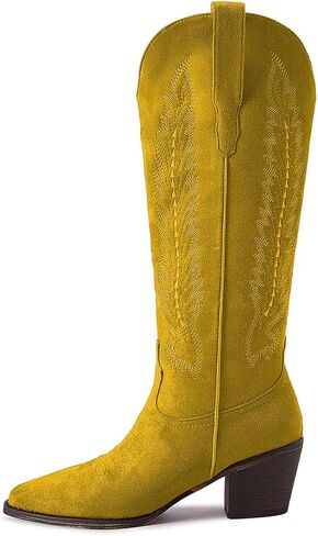 Cowboy Boots for Women Knee High Cowgirl Boots with Classic Embroidered Pointed Toe Chunky Heel Fashion Retro Pull On Tall Boot for ladies Party Concert in Saudi Arabia