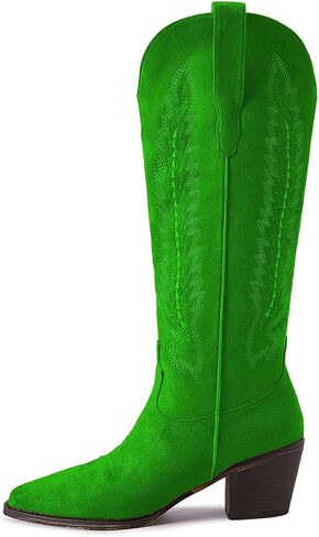 Cowboy Boots for Women Knee High Cowgirl Boots with Classic Embroidered Pointed Toe Chunky Heel Fashion Retro Pull On Tall Boot for ladies Party Concert in Saudi Arabia