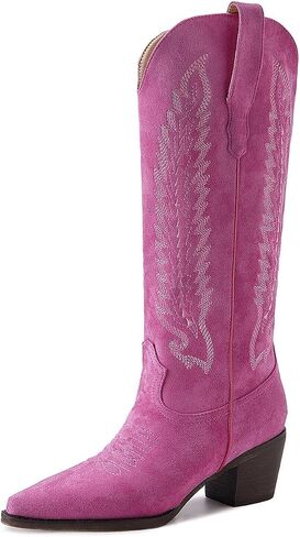 Cowboy Boots for Women Knee High Cowgirl Boots with Classic Embroidered Pointed Toe Chunky Heel Fashion Retro Pull On Tall Boot for ladies Party Concert in Saudi Arabia