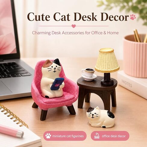 Miniature Cat Figurines Set, 4-Piece Resin Cat with Sofa & Lamp, Cute Desk Decor for Office & Home, Gift for Cat Lovers (Cat) in Saudi Arabia