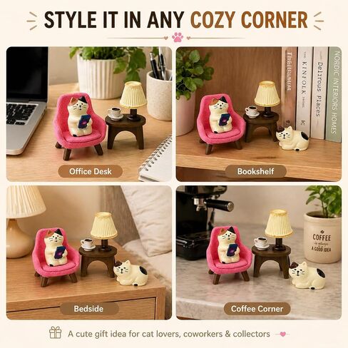 Miniature Cat Figurines Set, 4-Piece Resin Cat with Sofa & Lamp, Cute Desk Decor for Office & Home, Gift for Cat Lovers (Cat) in Saudi Arabia