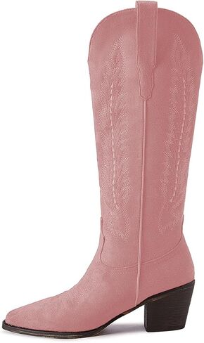 Cowboy Boots for Women Knee High Cowgirl Boots with Classic Embroidered Pointed Toe Chunky Heel Fashion Retro Pull On Tall Boot for ladies Party Concert in Saudi Arabia