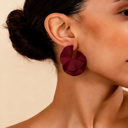 Women's burgundy vintage geometric earrings - large layered fan-shaped studs, matte metal vintage ethnic style jewelry, suitable for parties, dates, daily commutes and vacations. in Saudi Arabia