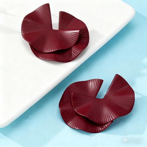 Women's burgundy vintage geometric earrings - large layered fan-shaped studs, matte metal vintage ethnic style jewelry, suitable for parties, dates, daily commutes and vacations. in Saudi Arabia