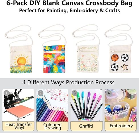 6Pcs 13x17cm Blank Canvas Crossbody Bag,Bulk Mini Zipper Shoulder Bags,Cloth Fabric Bags Painting Bags for DIY Craft in Saudi Arabia