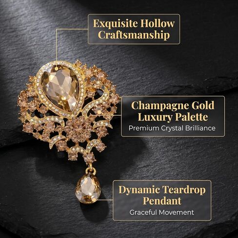 Sparkling Rhinestone Brooch Elegant Large Brooches For Women Teardrop Flower Pin Vintage Statement Jewelry Formal Dress Accessories in Saudi Arabia