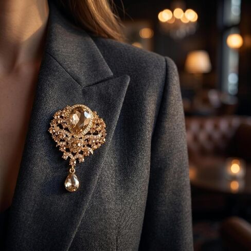 Sparkling Rhinestone Brooch Elegant Large Brooches For Women Teardrop Flower Pin Vintage Statement Jewelry Formal Dress Accessories in Saudi Arabia