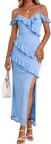 Women's Cold Shoulder Short Sleeve Split Thigh Boho Long Dress Beach Maxi Dress Summer Outfits in Saudi Arabia
