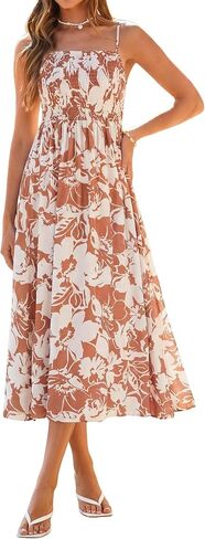 Simplee Womens Spaghetti Strap Maxi Dress Summer Casual Boho Smocked Flowy Long Sundress Beach Vacation Wedding Guest in Saudi Arabia