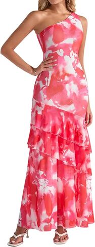 XinFSh Women's Floral Wedding Guest Maxi Dress One Shoulder Ruffle Tiered Bodycon Long Cocktail Party Dresses in Kuwait