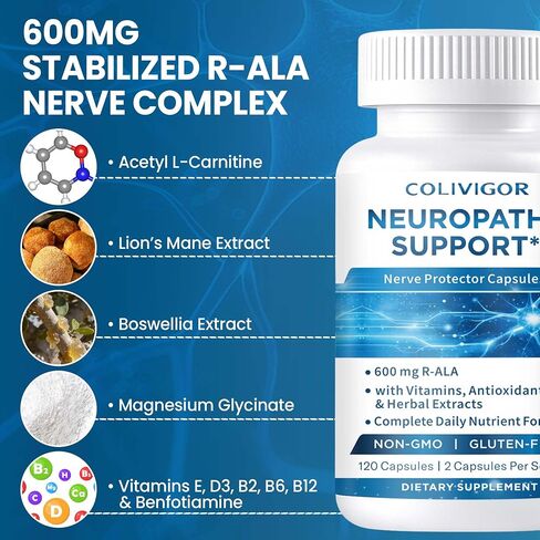 Neuropathy Supplements | R-Alpha Lipoic Acid 600mg | 120 Capsules | Neuropathy Blend with Vitamins E, B2, B6, B12, D3 & Magnesium | Antioxidant Support, Hands, Feet, Fingertips Health | Vegan in Kuwait