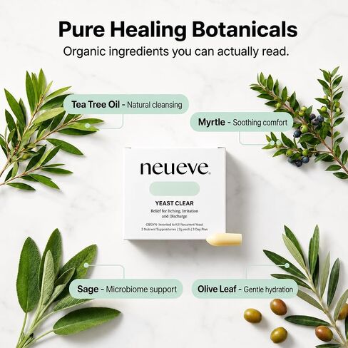 NeuEve Yeast Clear, for Yeast Infection Symptoms, Relieves Burning, Itching & Discharge, with Tea Tree Oil, Myrtle, Sage & Olive Leaf, Invented by OBGYN in Saudi Arabia