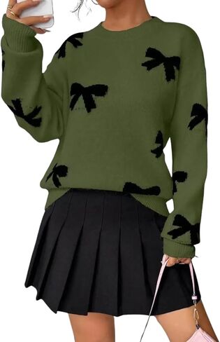 Women's Bow Print Knit Sweater Casual Cropped Long Sleeve Pullover Fashion Knitwear Top for Fall Winter in Saudi Arabia