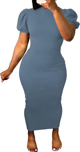 Women's Bodycon Maxi Dress Summer Puff Sleeve Casual Elegant Party Club Night Out Dress in Saudi Arabia