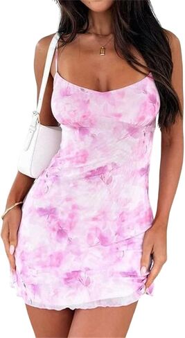 Women 2026 Sexy Floral Mesh Spaghetti Strap Bodycon Mini Dress Trendy Tight Fit Sleeveless Backless A-Line Dress in Saudi Arabia