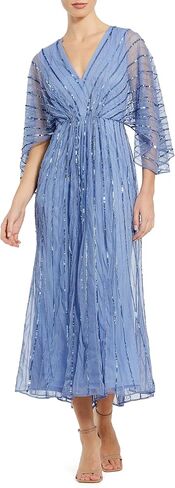 Mac Duggal Beaded Mesh Kimono Sleeve V Neck Midi Dress in Saudi Arabia