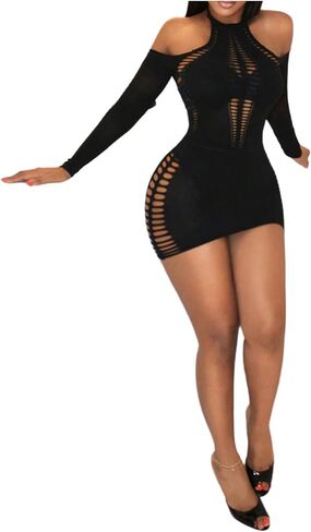 SweatyRocks Women's Sexy Cut Out Sheer Bodycon Mini Dress Cold Shoulder Backless Halter Night Out Dresses in Kuwait