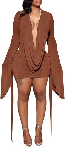 Tbahhir Women's Sexy Birthday Mini Dress Backless Draped Mesh Cowl Neck Long Sleeve Going Out Cocktail Club Dresses in Saudi Arabia
