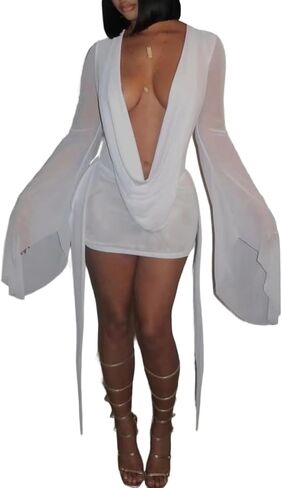 Tbahhir Women's Sexy Birthday Mini Dress Backless Draped Mesh Cowl Neck Long Sleeve Going Out Cocktail Club Dresses in Saudi Arabia