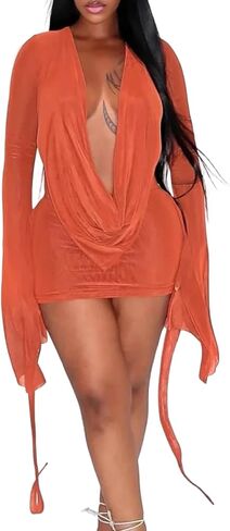 Tbahhir Women's Sexy Birthday Mini Dress Backless Draped Mesh Cowl Neck Long Sleeve Going Out Cocktail Club Dresses in Saudi Arabia