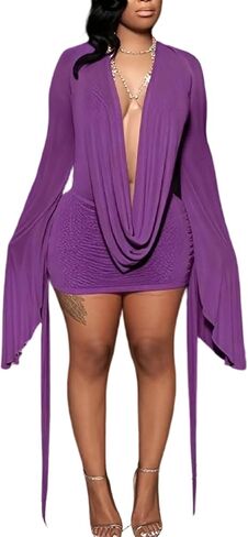 Tbahhir Women's Sexy Birthday Mini Dress Backless Draped Mesh Cowl Neck Long Sleeve Going Out Cocktail Club Dresses in Saudi Arabia