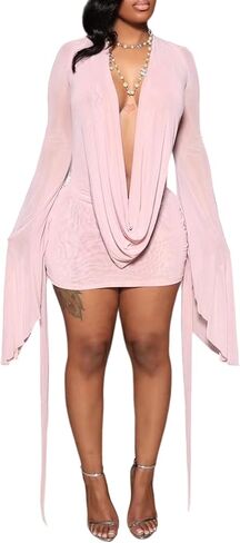 Tbahhir Women's Sexy Birthday Mini Dress Backless Draped Mesh Cowl Neck Long Sleeve Going Out Cocktail Club Dresses in Saudi Arabia