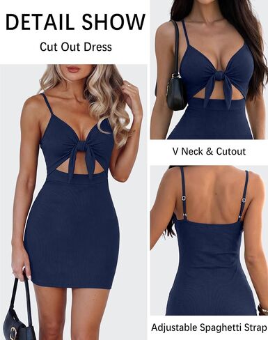 oten Women's Sexy Cut Out Tie Front Bodycon Adjustable Spaghetti Straps Ribbed Party Club Mini Dresses in Saudi Arabia