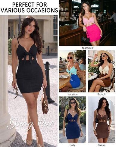 oten Women's Sexy Cut Out Tie Front Bodycon Adjustable Spaghetti Straps Ribbed Party Club Mini Dresses in Saudi Arabia