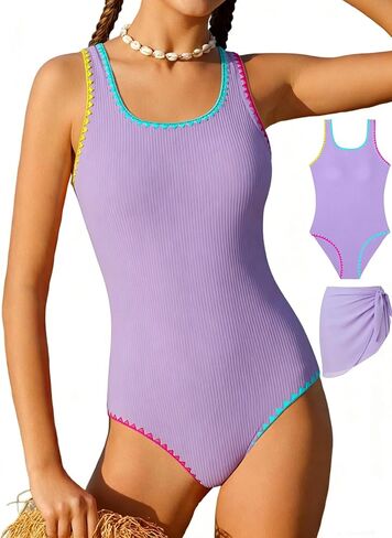 Girls Swimsuit One Piece Bathing Suit Colorful Contrast Trim Adjustable Straps Swimwear with Cover Up Skirt Size 9-16 in Saudi Arabia