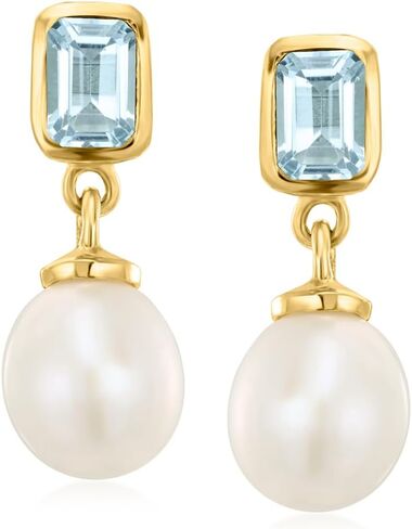 Ross-Simons 1.20 ct. t.w. Sky Blue Topaz and 8.5-9mm Cultured Pearl Drop Earrings in 18kt Gold Over Sterling in Saudi Arabia