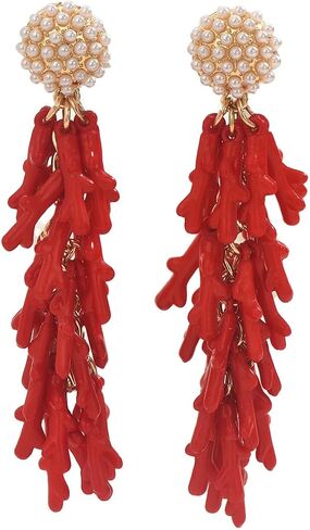Red Coral Drop Earrings for Women, Boho Statement Tassel Earrings with Pearl Studs, Vintage Ocean Inspired Dangle Jewelry for Party and Vacation in Saudi Arabia