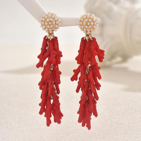 Red Coral Drop Earrings for Women, Boho Statement Tassel Earrings with Pearl Studs, Vintage Ocean Inspired Dangle Jewelry for Party and Vacation in Saudi Arabia