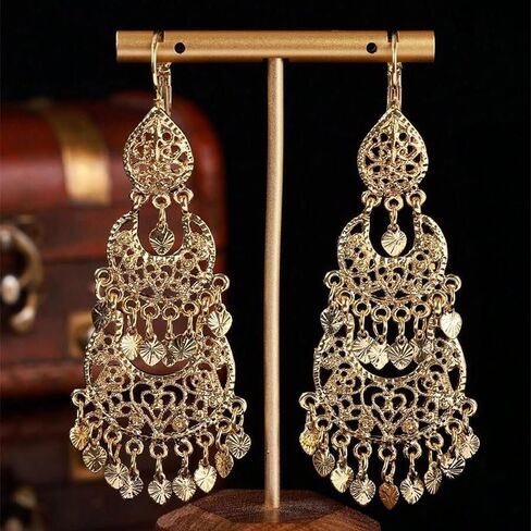 Boho Earrings for Women, Silver Moroccan Style Hollow Moon Rhinestone Jewelry and Earrings for Women, Trendy Arabic Heart Design for Weddings and Daily Wear in Saudi Arabia